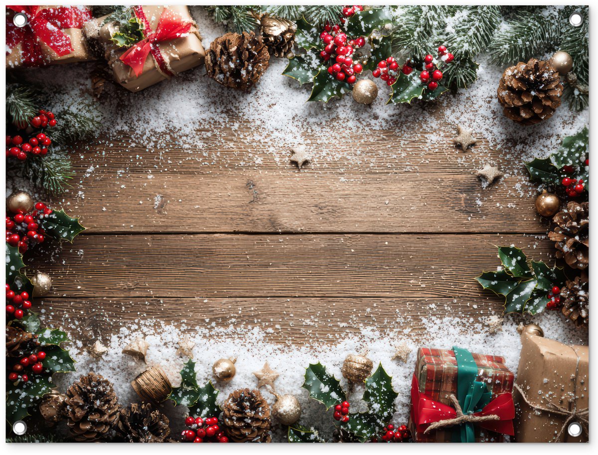 Tuinposter 80x60 cm - Tuindecoratie Kerstdecoratie - Geschenken - Hout - Veelkleurig - Poster voor in de tuin - Buiten decoratie - Schutting tuinschilderij - Tuindoek muurdecoratie - Wanddecoratie balkondoek