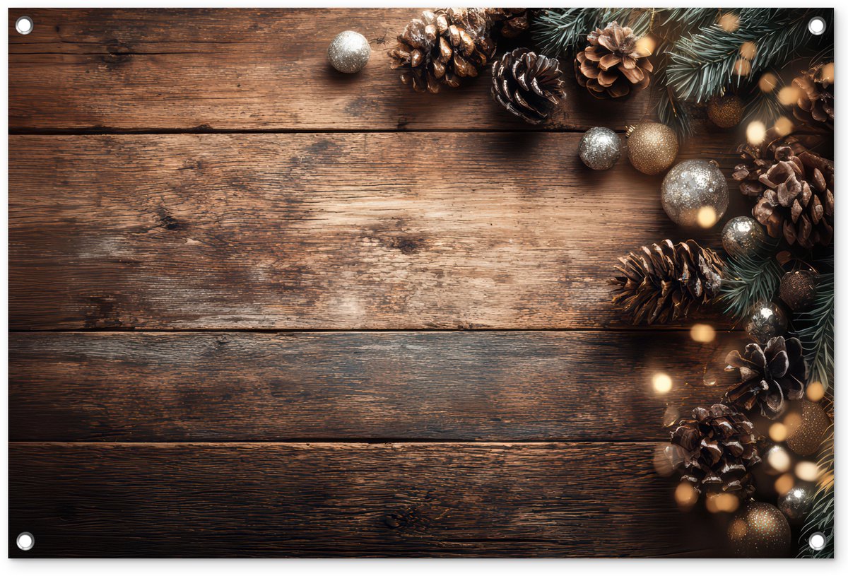Tuinposter met kerstthema: dennenappels, lichtjes, voor tuindecoratie.
