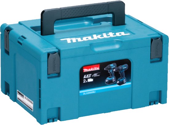 Turquoise Makita MAKPAC koffer maat 3 met zwart handvat en sticker van boormachines.