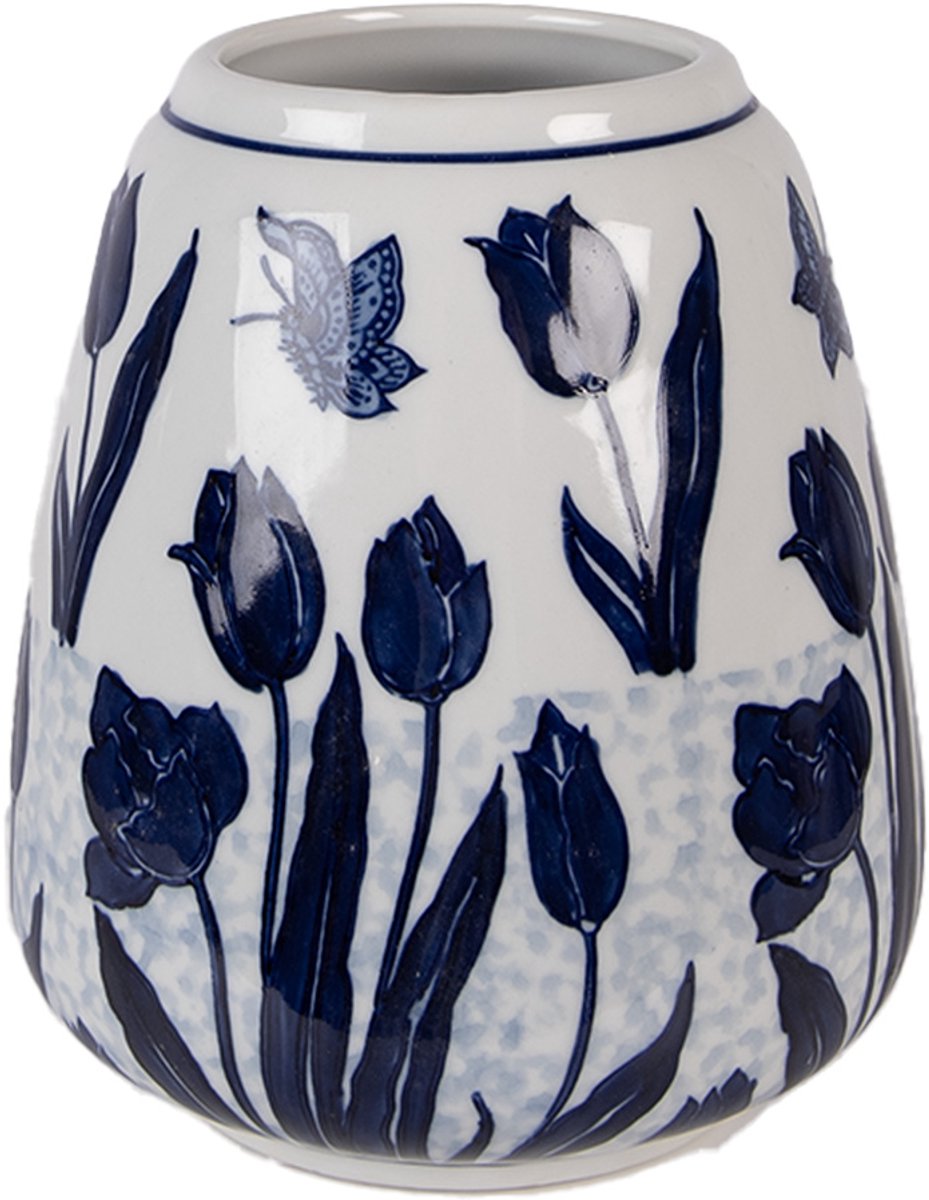 Vaas Ø 16x18 cm Wit Blauw Keramiek