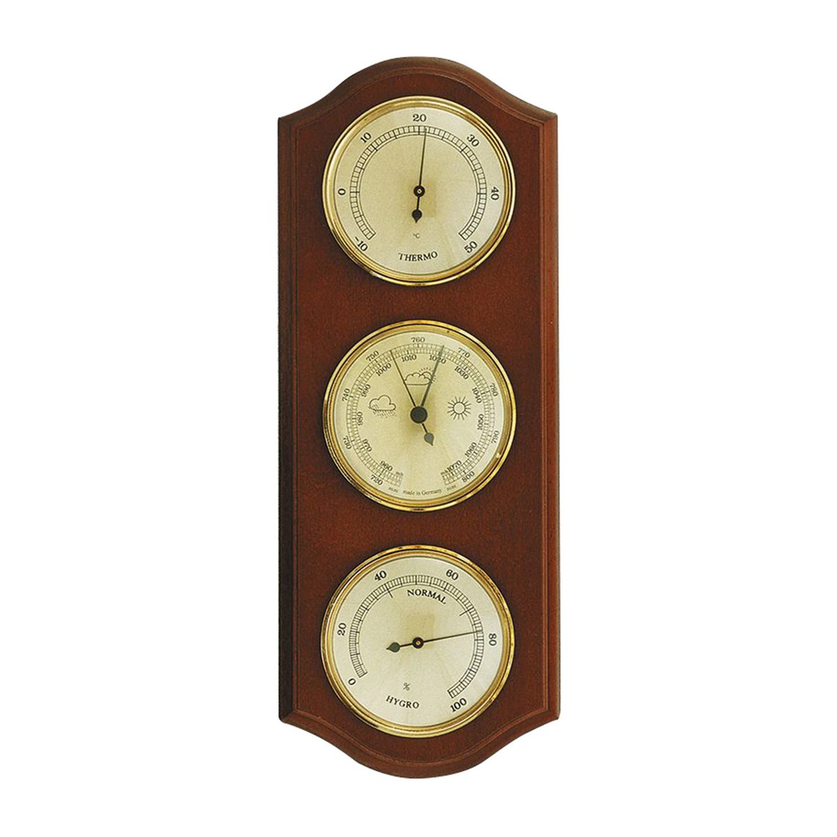 Weerstation met hygrometer, barometer en thermometer, notenhout, gelakt, 330 x 128 mm