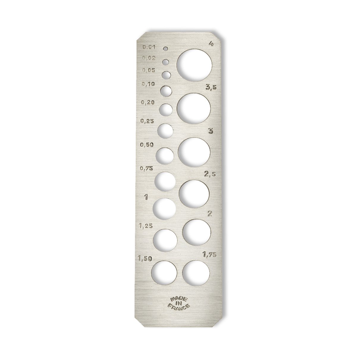Diamantsteenmeter, vernikkeld messing, met 17 gaten, 93 x 25 mm