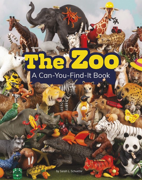 Couverture du livre "The Zoo: A Can-You-Find-It Book" avec divers jouets animaux et le titre en grandes lettres jaunes.