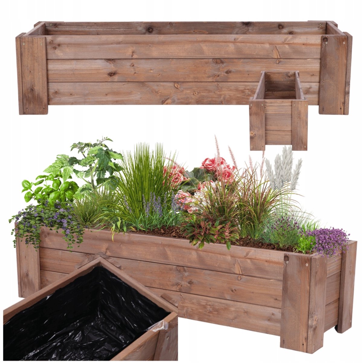 Houten plantenbak 117 cm breed, geïmpregneerd, met folie