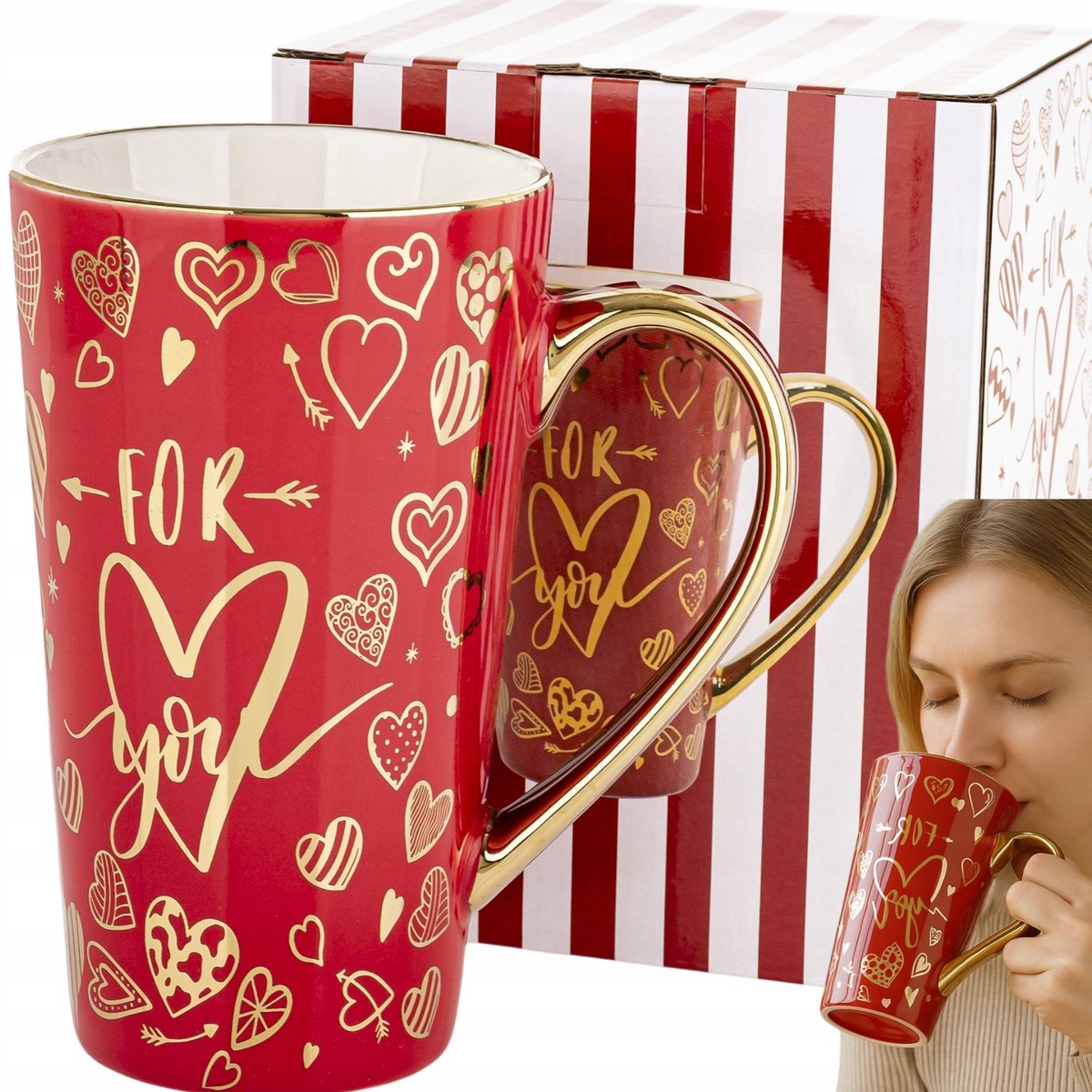 Grote Porseleinen Mok 'For You' - Rood/Kalebas, 450ml, Cadeau