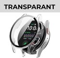 Transparant hoesje op een zilverkleurige smartwatch met het woord TRANSPARANT erboven.