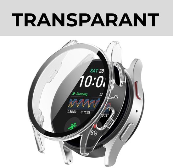 Transparant hoesje op een zilverkleurige smartwatch met het woord TRANSPARANT erboven.