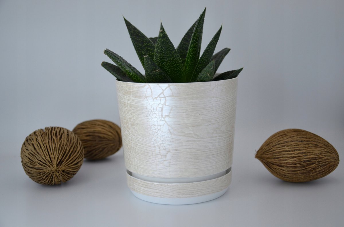 Safari Perla Ronde Pot 32 cm met Schotel - Unieke Houttextur