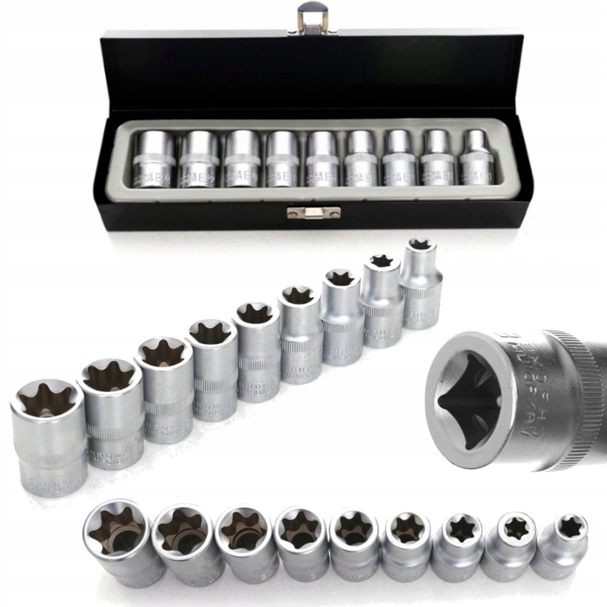 Kraft&Dele Torx Dop Dop Set 9 Delen 1/2" E10-E24 Metaal