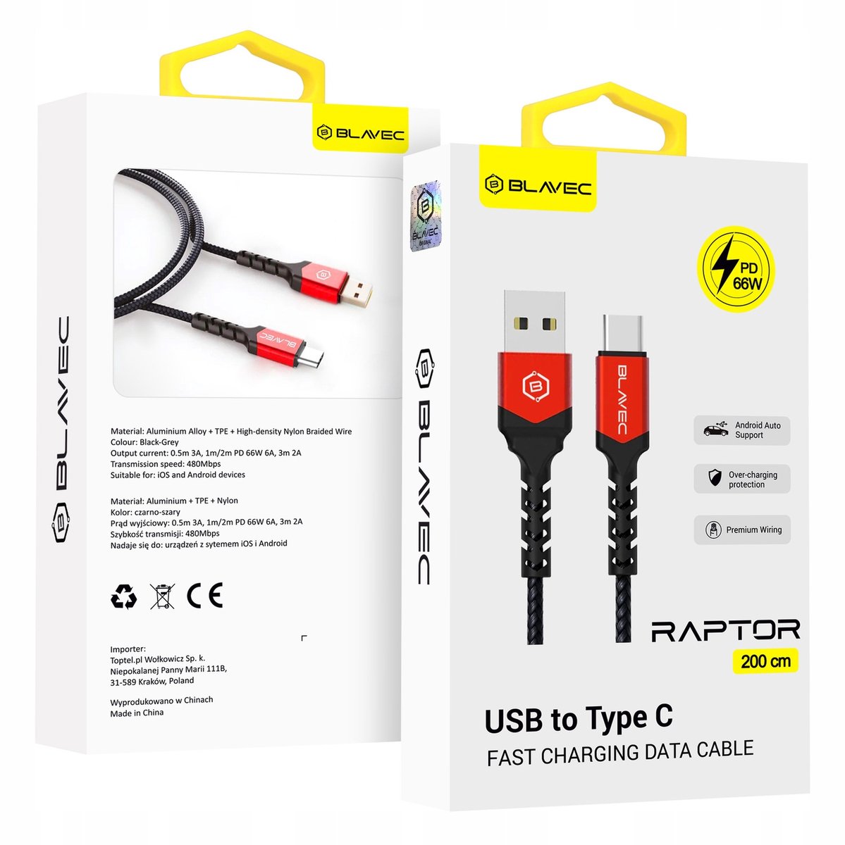 Blavec Raptor USB-C Kabel PD 66W 6A 2m - Snel Laden & Data