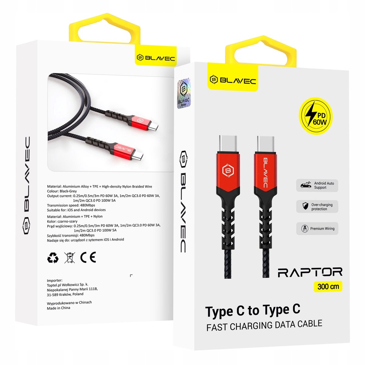 Image of Blavec Raptor USB-C naar USB-C kabel, PD 60W, 3A, 3m, Zwart/Rood