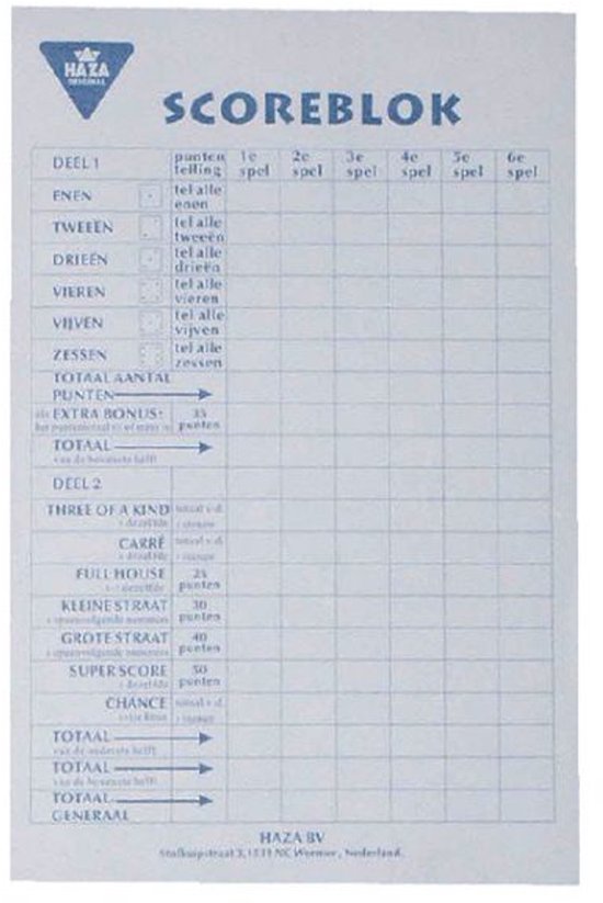 Scoreblok Yahtzee - 250 vel