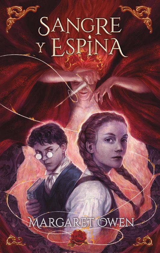 Livre 'Sangre y Espina' avec une illustration détaillée de deux jeunes personnes, une femme avec des tresses et un homme avec des lunettes, sous un voile avec une femme aux longs cheveux, une seringue et des roses.