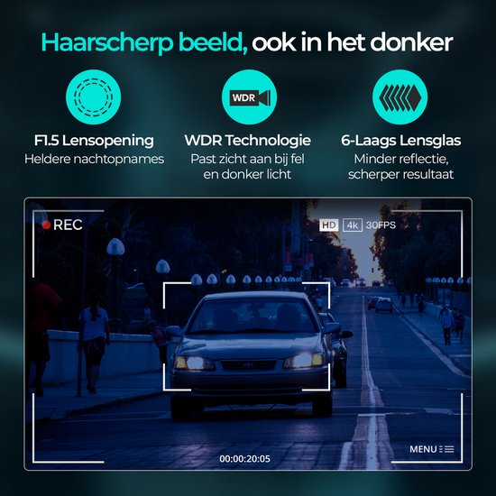 Dashcam nachtzicht met WDR technologie, toont auto's op straat in het donker.