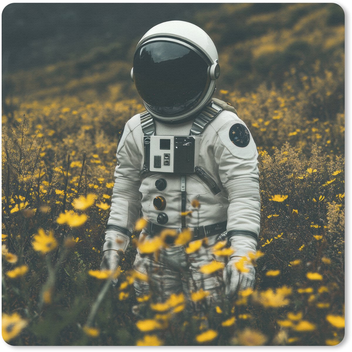 Muismat 30x30 cm - Mousepad Astronaut - Bloemen - Veld - Geel - Muismatten
