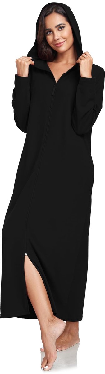 Unyqoos Warme en comfortabele damesbadjas met capuchon en ritssluiting zwart