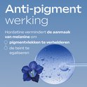 Close-up van een gezicht met pigmentvlekken, tekst over anti-pigment werking, met een blauwe bloem en serumdruppel.