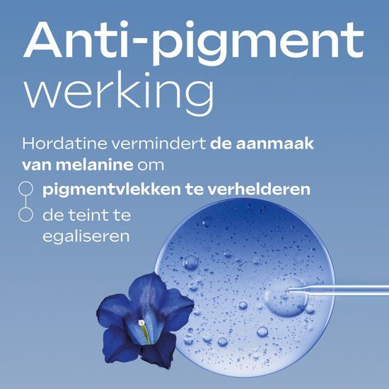 Close-up van een gezicht met pigmentvlekken, tekst over anti-pigment werking, met een blauwe bloem en serumdruppel.