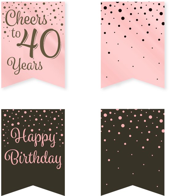 Roze en zwarte vlaggen met de tekst "Cheers to 40 Years" en "Happy Birthday".