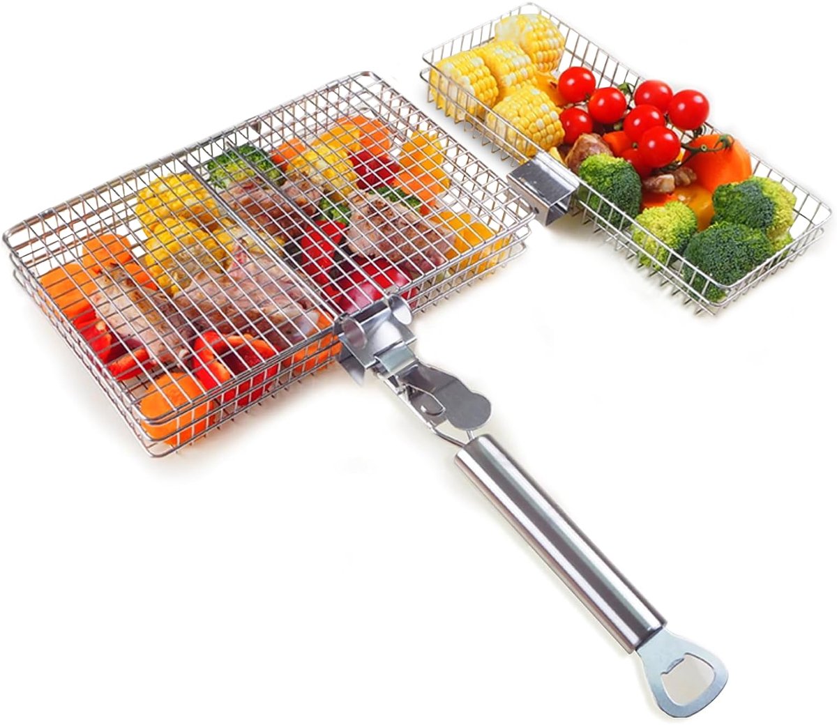Unyqoos® Set van twee roestvrijstalen grillmanden met afneembare handgreep voor buitengebruik