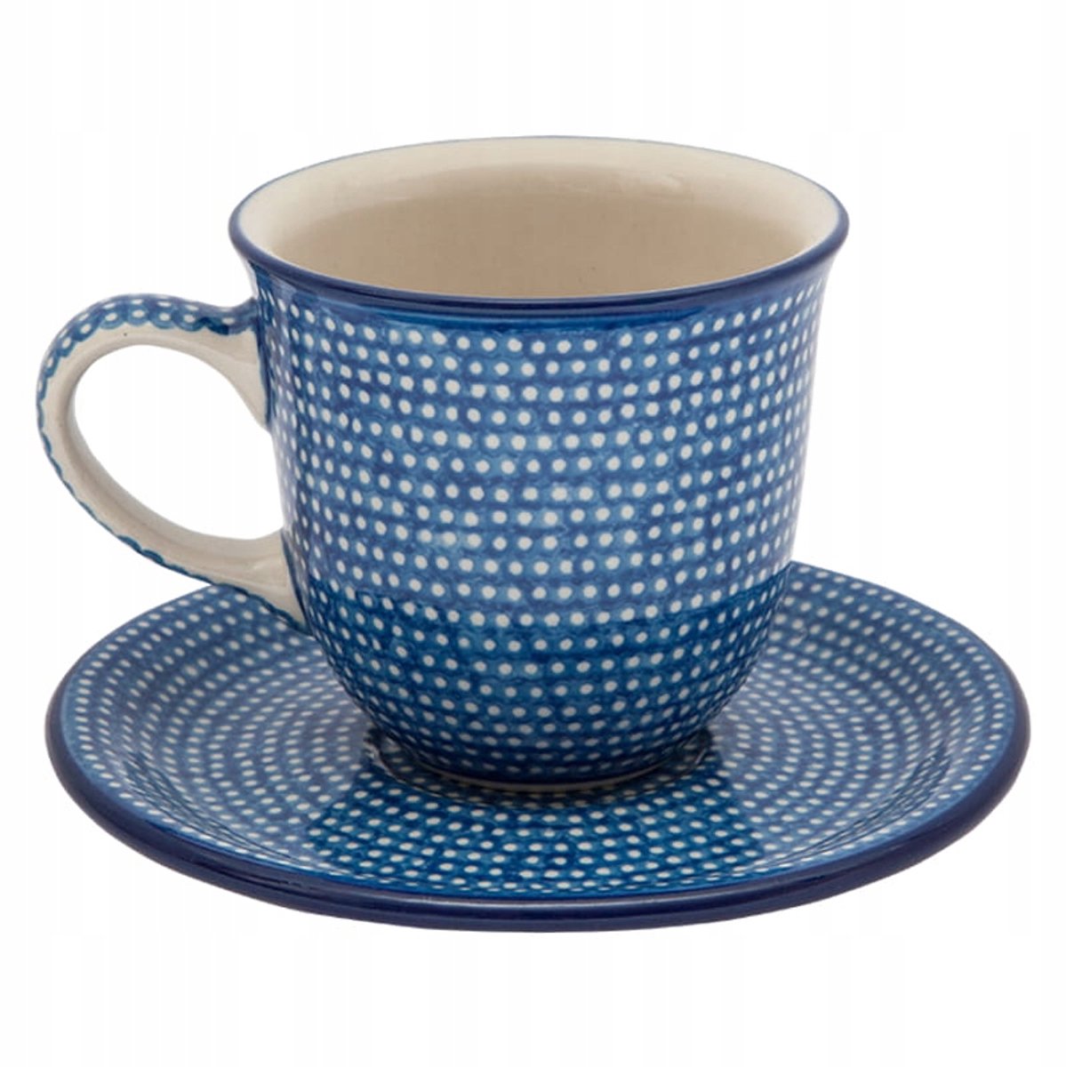 Bolesławiec Handgemaakte Kop & Schotel 200ml - Uniek Blauw Stippen Design