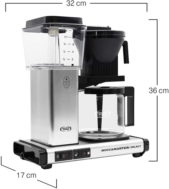 Afmetingen van Moccamaster Select koffiezetapparaat: breedte 32 cm, hoogte 36 cm, diepte 17 cm.