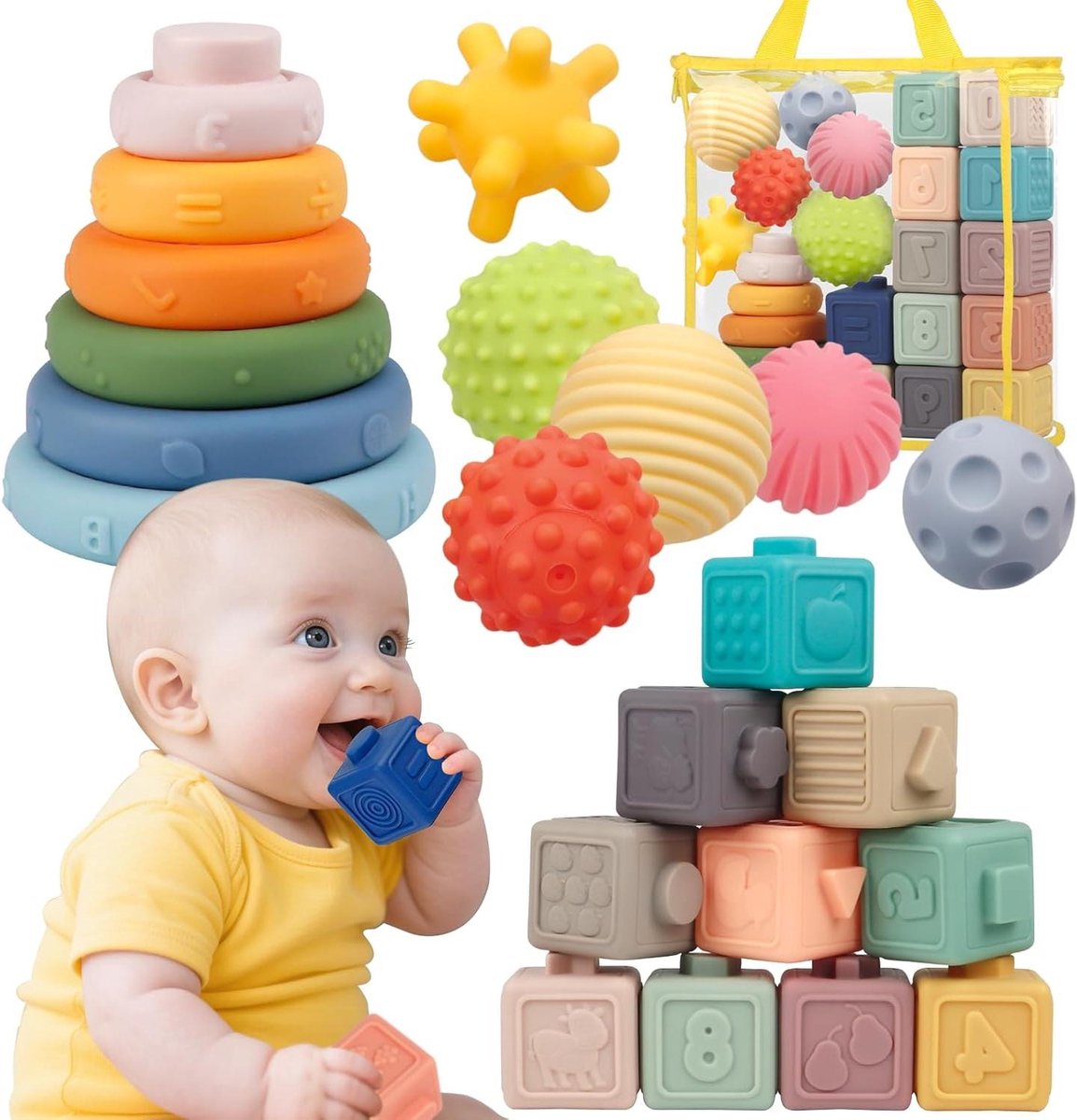 Provento - Babyspeelgoed 18 maanden | Montessori 24 stuks | Zacht stapelbare bouwstenen, ringen, ballensets