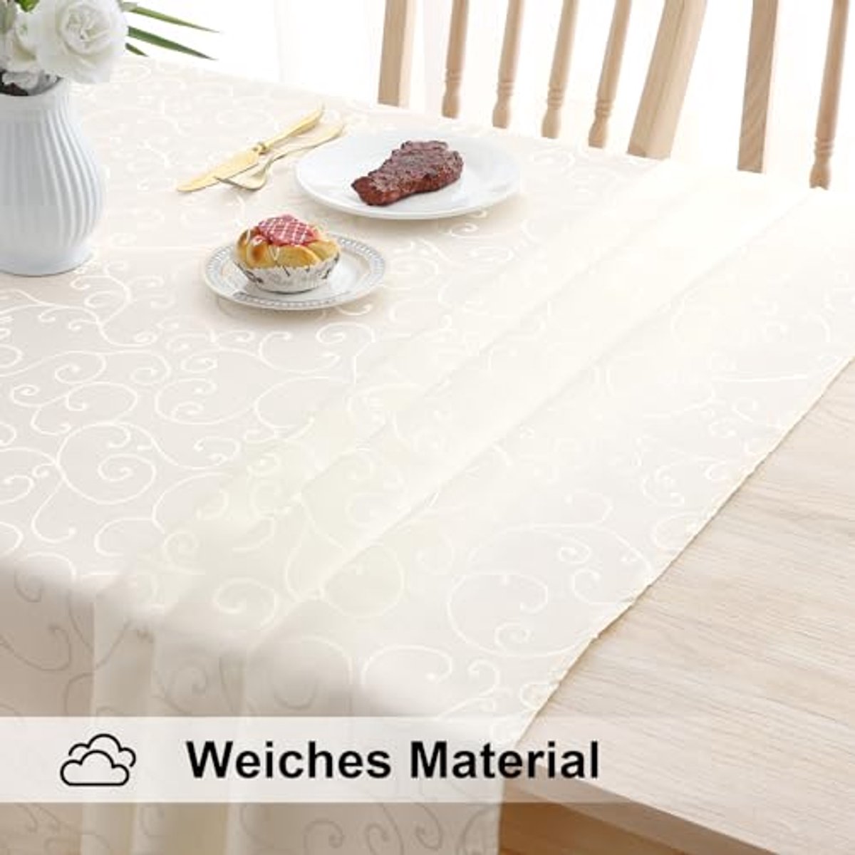 Rechthoekig Afwasbaar Tafelkleed 140 x 240 cm - Krasbestendig Damast Polyester in Beige
