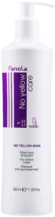 Witte fles Fanola No Yellow Mask met paarse details en pompdispenser. Bevat 350 ml.