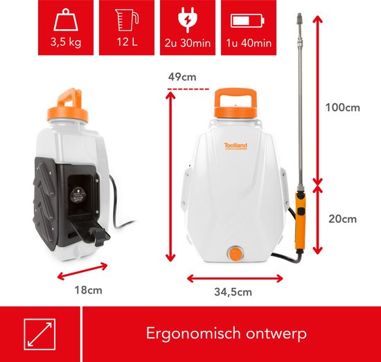 Toolland Set met elektrische drukspuit en extra batterij, rugspuit met oplaadbare accu 12L, tuinspuit voor plantenbescherming, onkruidbestrijding en desinfectie, verstelbare sproeikop, telescopische lans, USB-oplader, gewatteerde schouderriemen, van Toolland — afbeelding 2