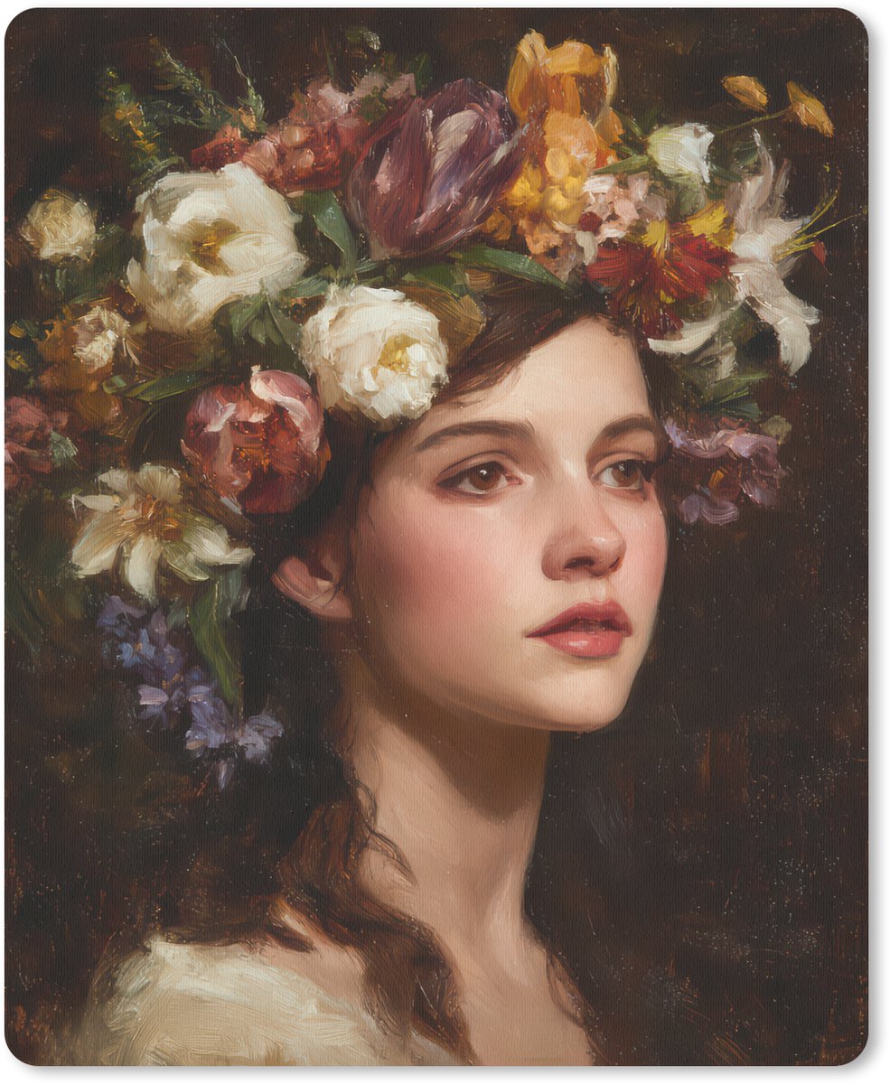 Muismat 19x23 cm - Mousepad Portret - Vrouw - Bloemen - Muismatten