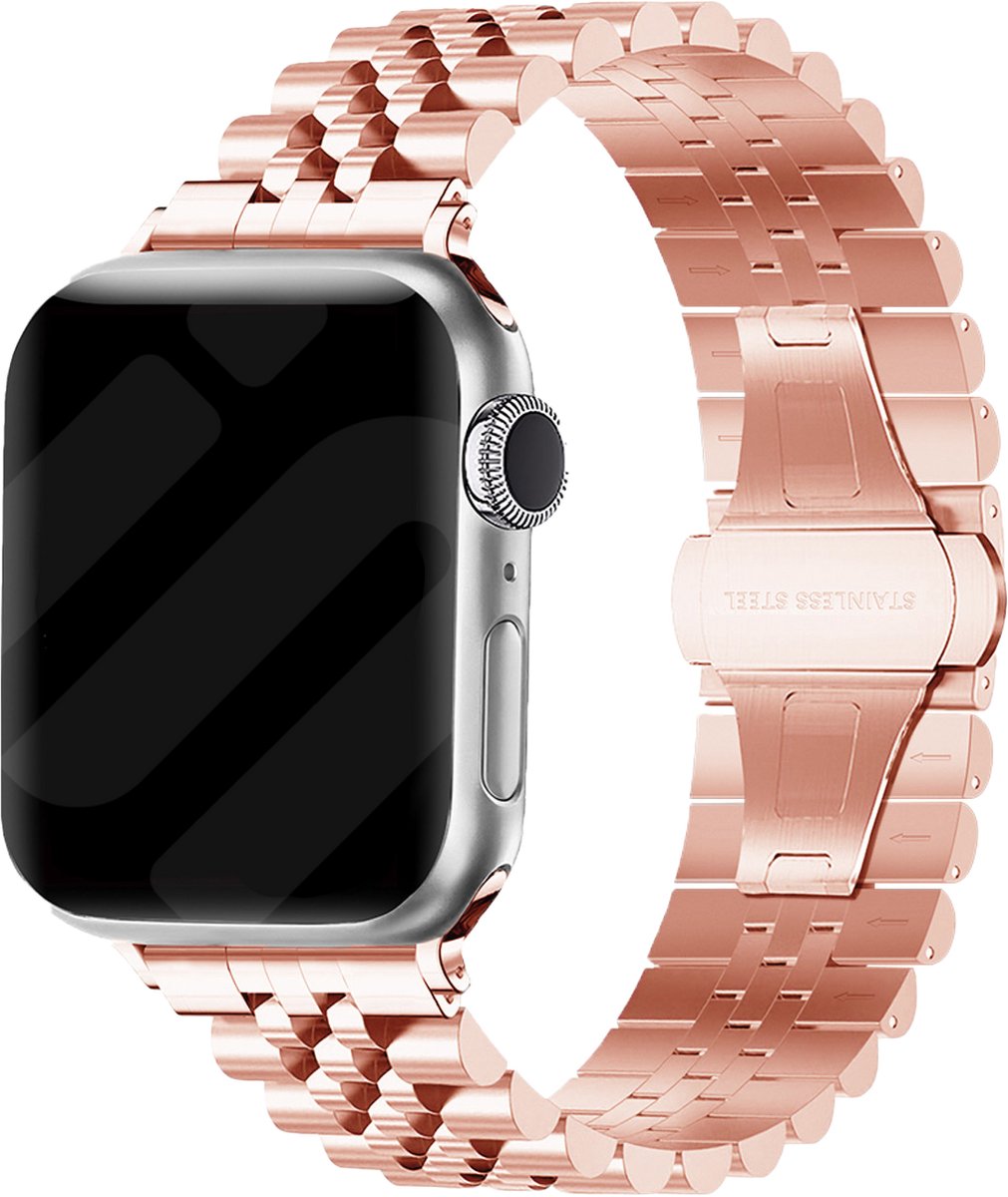 Strap-it Jubilee stalen schakel band - Geschikt voor Apple Watch bandje - Series 1/2/3/4/5/6/7/8/9/10/11/SE/SE2/SE3 - Rose Gold - Staal/metalen luxe band met vlindersluiting - RVS iWatch bandje voor maat: 38 / 40 / 41 / 42mm