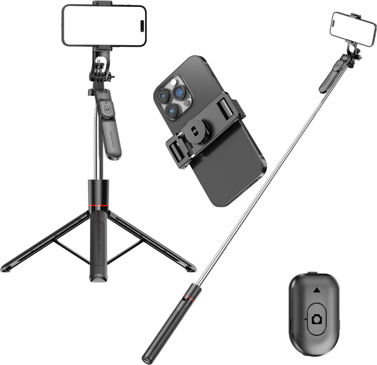 Casemania Universeel Telefoon Statief - Tripod Selfiestick met Uitneembare Telefoonhouder - Extra Stabiel 360° Draaibaar Camera Statief met Bluetooth Afstandsbediening