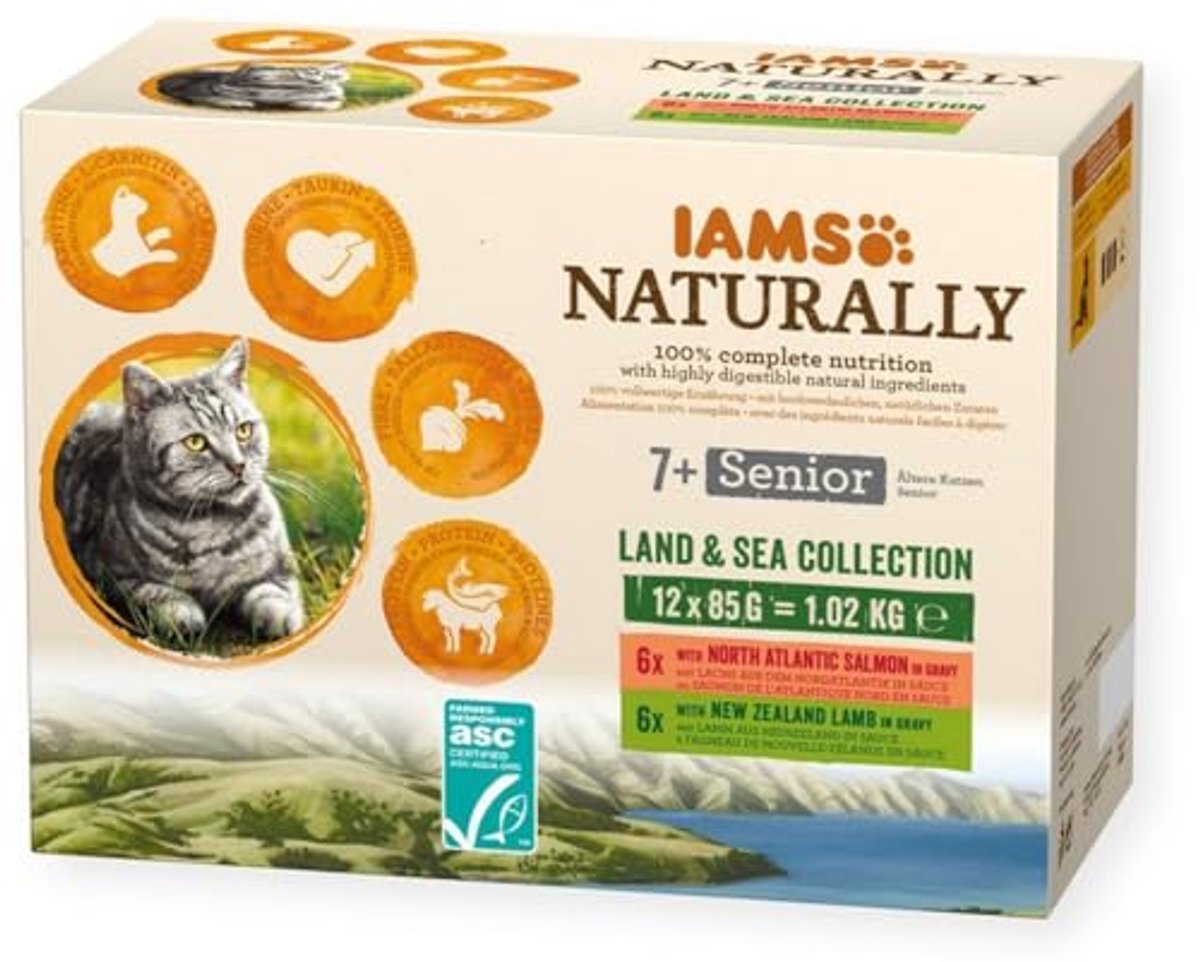 IAMS Naturally Senior kattenvoer nat in saus - hoogwaardig natvoer met vlees en vis voor oudere katten, Land & Sea Collection, 12 x 85 g