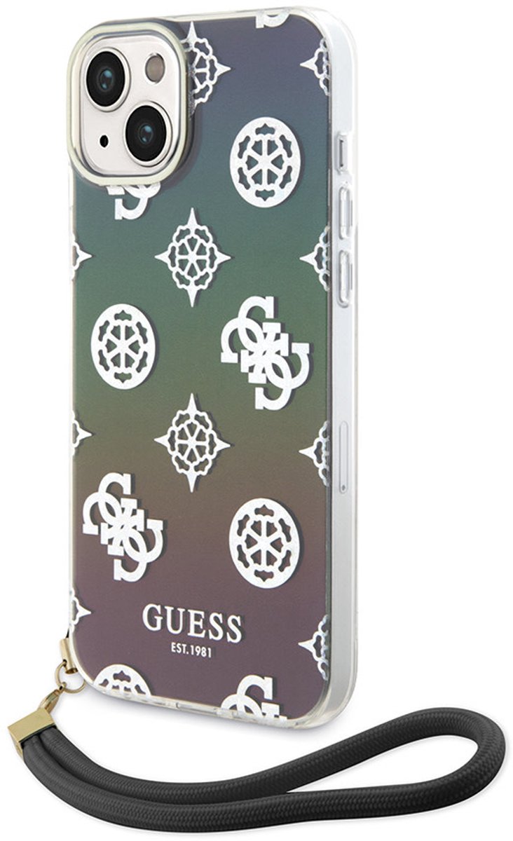 Guess Back Cover voor iPhone 15 - Zwart - Glitterpatroon - Polskoord - Bescherming & stijl