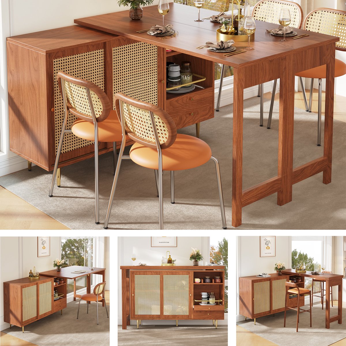 Uitschuifbare Hoge Tafel (107x40x71 cm) - 360° Draaibaar met Rotan Deur & Open Plank - Bruine Design Stehtisch voor Keuken of Eetkamer