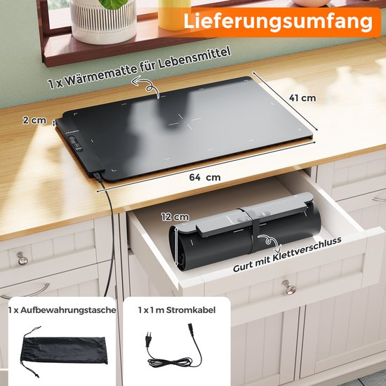 COSTWAY Elektrische siliconen warmtemat voor levensmiddelen, oprolbare voedselverwarmer met instelbare temperatuur 60/80/100 ℃ & 1/3/5H timer en automatische uitschakeling, warmhoudmat 64 x 41 x 2 cm — afbeelding 2