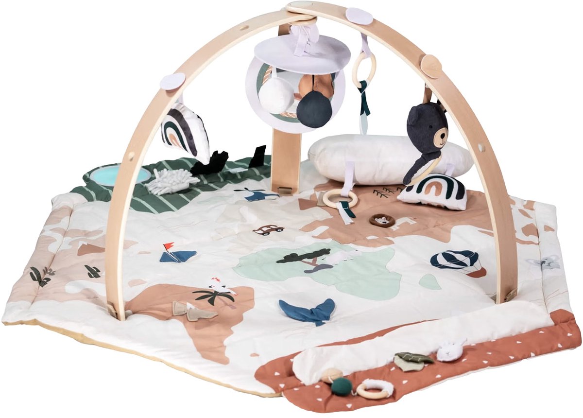 BabyGO Houten Activity Gym Speelkleed - Met 20 speeltjes & buiktrainer - vanaf 0 maanden