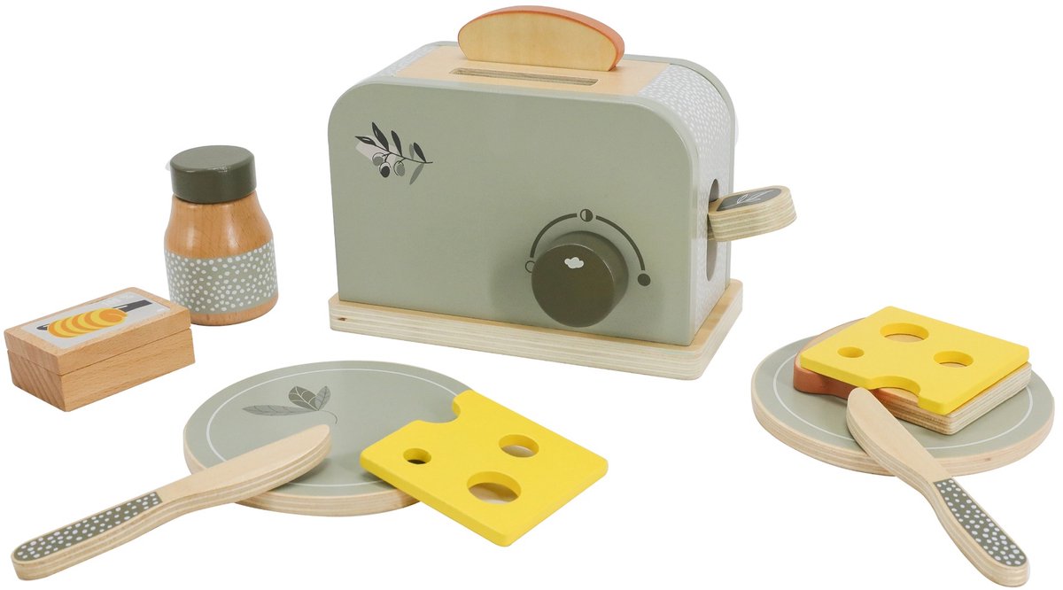 Label Label Houten Broodrooster - Houten Keukenspeelgoed - Inclusief 11 Delen met Boterhammen Kaas en Jam - Stimuleert Fantasierijk Rollenspel - Vanaf 3 Jaar - Olijfgroen
