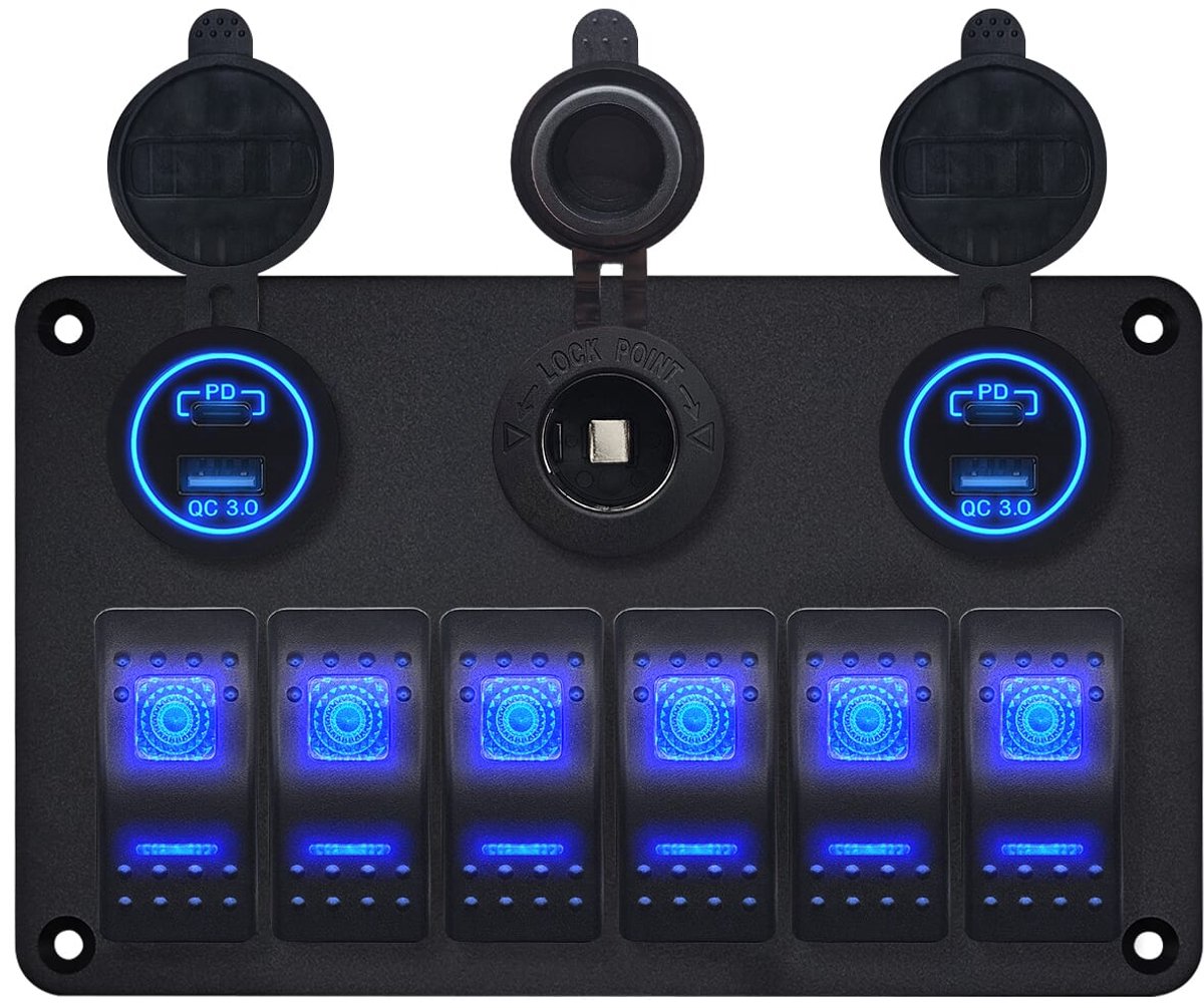 ProRide Schakelpaneel 12V voor Auto/Boot - USB/USB C Stopcontact 4 Poorten - QC3.0 - 6 schakelaars + 12V/24V stopcontact - Blauw
