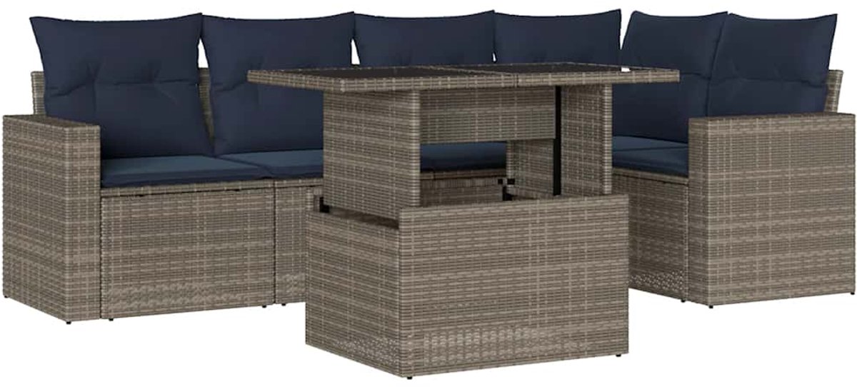 vidaXL - 6-delige - tuinbankset - met - kussens, - grijs - polyrotan