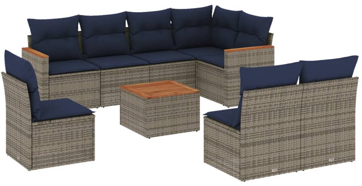 vidaXL - 9-delige - tuinbankset - met - kussens, - grijs - polyrotan