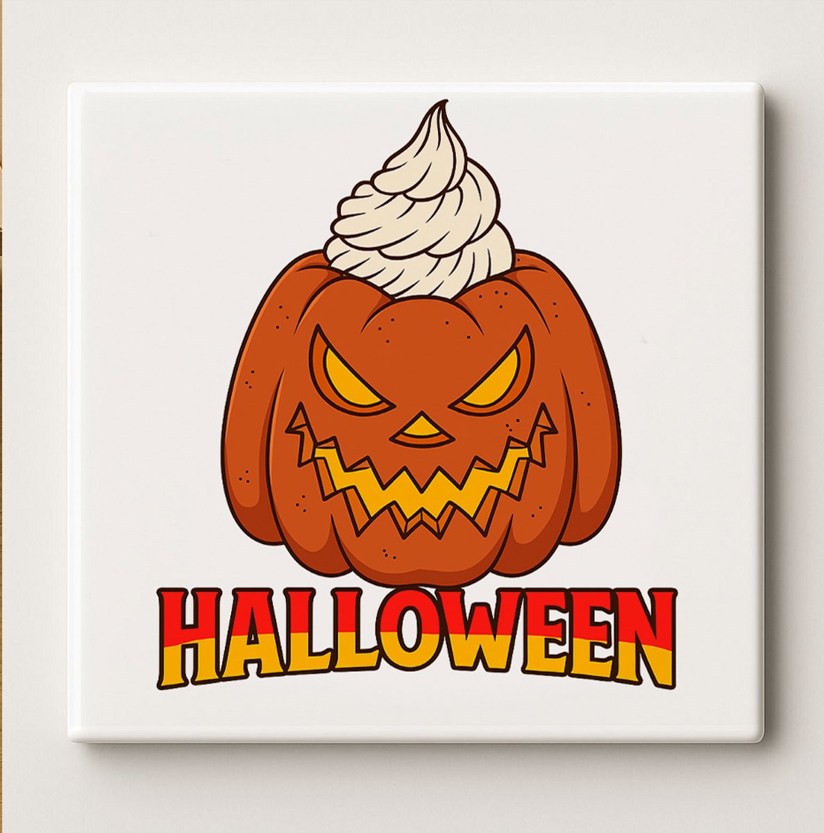 Halloween Keramische Tegel 15x15 cm – Griezelige Pompoen met Slagroom Ontwerp – Spookachti