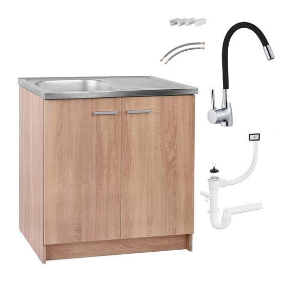 STAMAR - Set de Cuisine 80 cm + évier, flexible, robinet et bonde Zwart - Chêne Sonoma