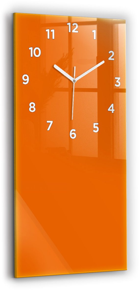 Wallfluent Wandklok - Oranje Rechthoekige Glazen Wandklok - 30 cm x 60 cm - Oranje Wandklok - Witte Handen - Wandklok Met Cijfers - Wandklok Glas Woonkamer - Glazen Klok Rechthoekige - Minimalistisch Wandklok - Rechthoekige Glas Klok