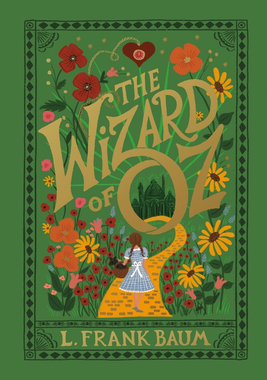 De omslag van 'The Wizard of Oz' toont Dorothy met een mandje, op een gele weg omringd door bloemen en planten, met de titel in sierlijke letters.