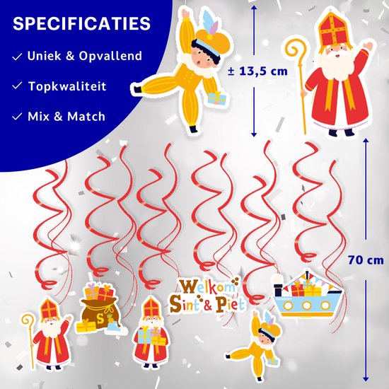Sinterklaas en Piet decoraties met rode slingers en afmetingen van 70 cm en 13,5 cm.