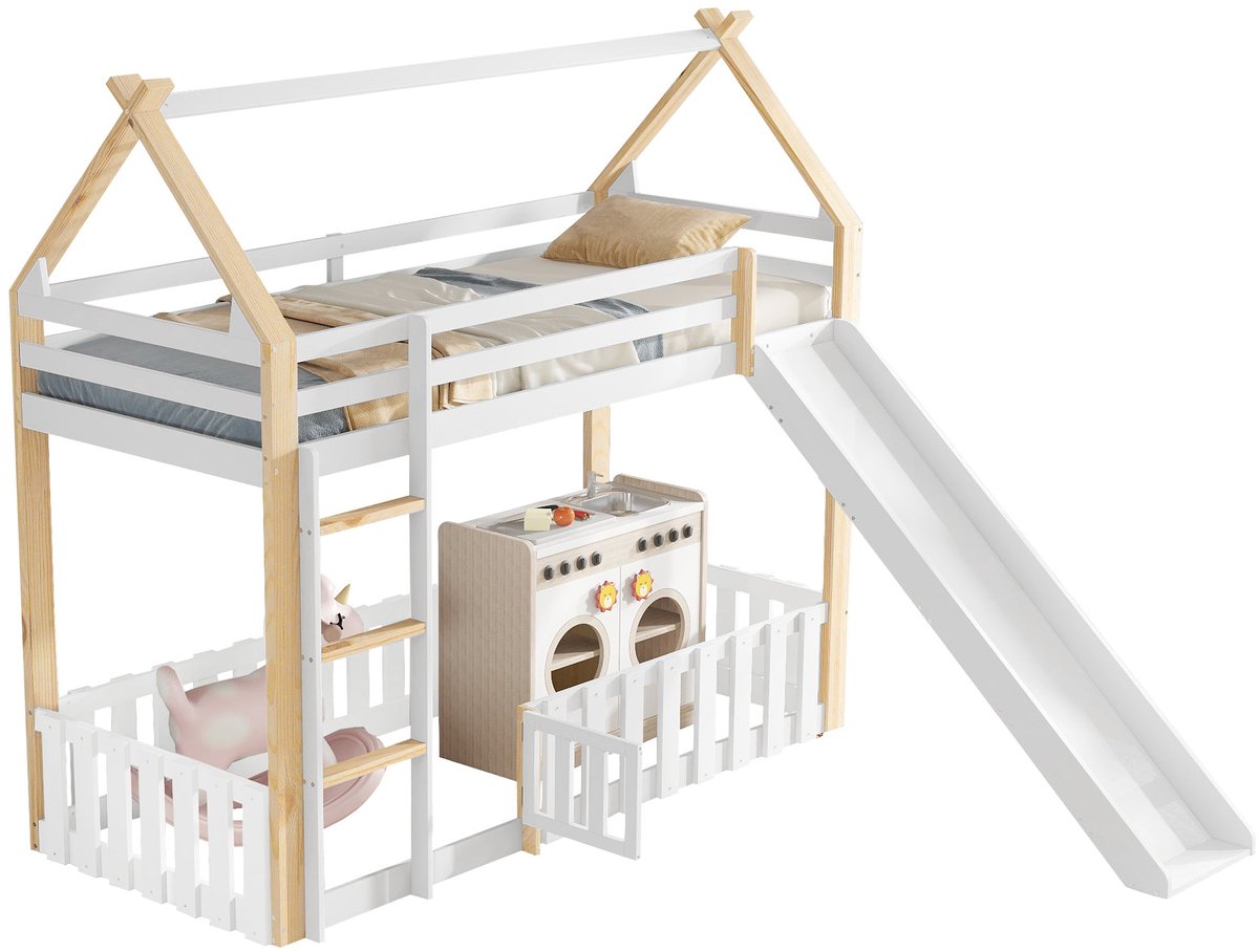 Merax Hoogslaper Kinderbed 90x200 cm – Huisbed Design met Glijbaan - Veiligheidshek en Multifunctionele Ruimte – Wit met Hout Bruin