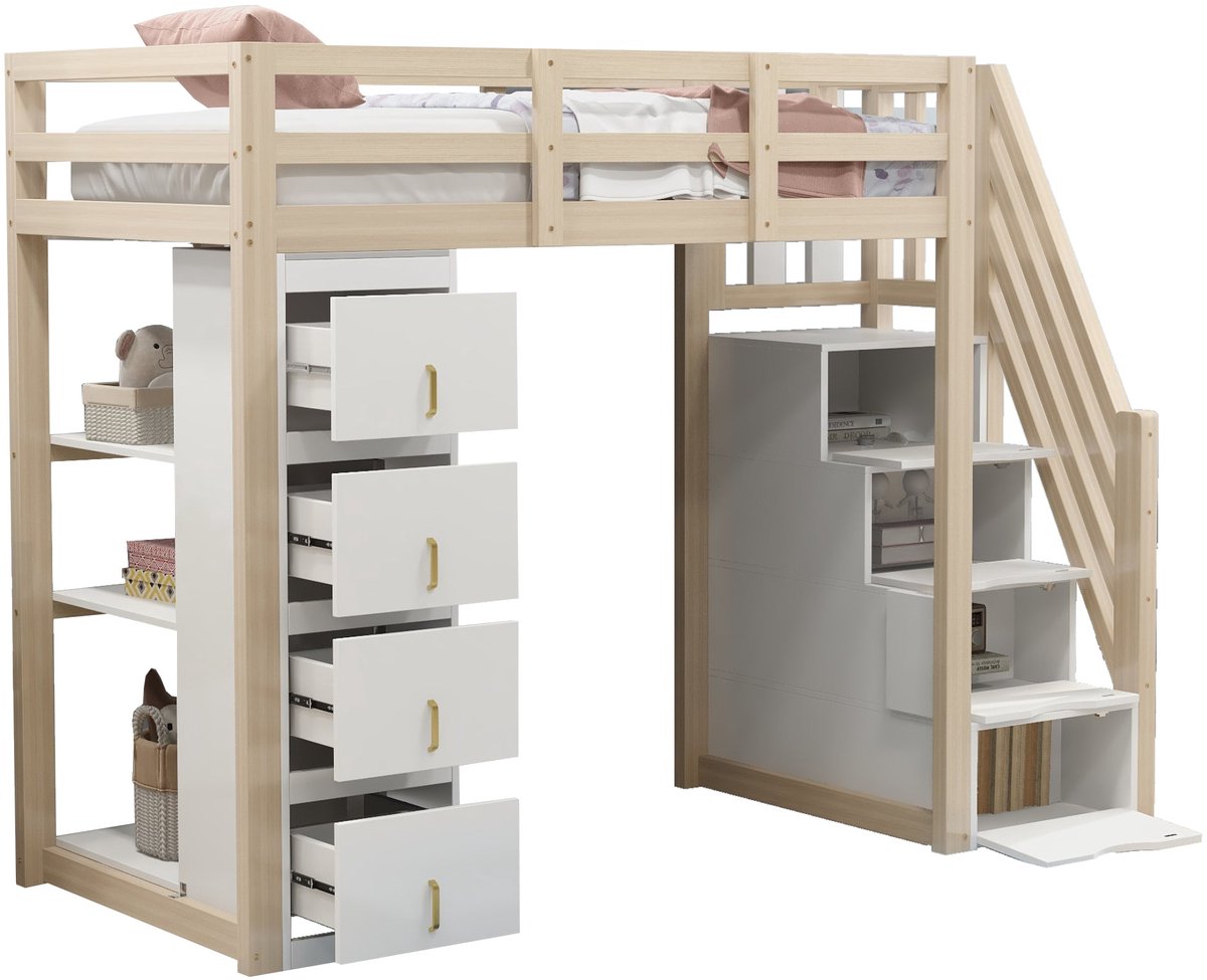 Merax Hoogslaper 90x200 cm - Massief Houten Bed - Trap met Lade - 4 Opbergladen - Boekenkast - Kinderbed - Wit met Bruin