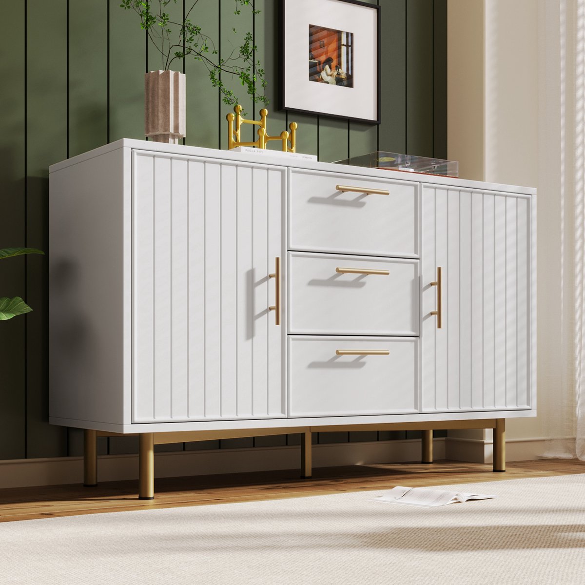 HAUSS SPOLE Dressoirs - 120x40x75 cm - Kast Met 2 Deuren En 3 Laden - Ruime Opbergkast Voor Woonkamer - Modern Industrieel Design - Metaal - Wit